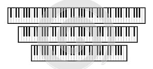 Piano keyboard sizes 3d illustration. 88, 61 and 76 keys.