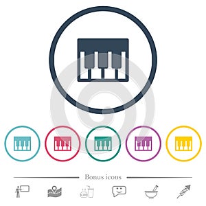 Piano keyboard solid flat color icons in round outlines