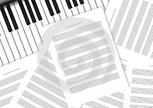 Piano keyboard with staff papers