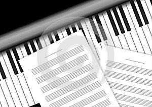 Piano keyboard with staff papers