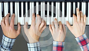 Piano Keyboard top View Hands of Man and Woman playing