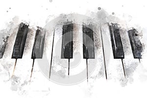 Piano keyboard on watercolor illustration painting background