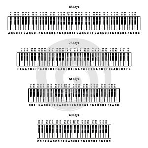 Piano keyboards in standard 88 key, 76 key, 61 key and 49 key layouts, with labels, isolated vector illustration