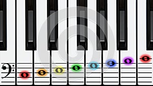 Piano keys, bass clef on stave with colored notes photo