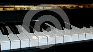 Piano keys close up with black and white keyboard.