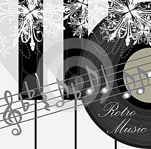 Piano keys, disc and notes. Retro music background