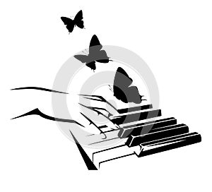 Piano keys, misician hand and flying melody butterflies black and white vector outline