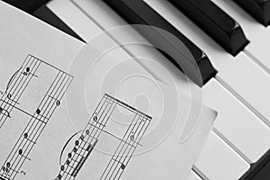 Piano keys and score monochrome