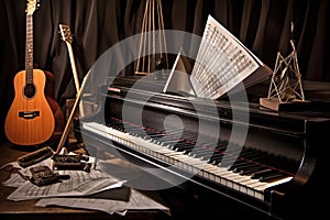 piano keys with sheet music and a metronome
