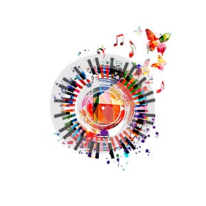 Piano keys with vinyl record disc and musical notes colorful vector illustration. Live concert events and jazz music festivals and