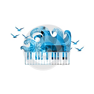 Piano keys with waves and seagulls isolated for live concert events, jazz music festivals and shows, party flyer. Musical promotio