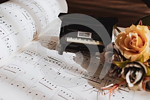 Piano miniture toy on music sheet paper