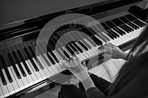 Piano music pianist hands playing. Musical instrument grand piano details with performer hand on white background