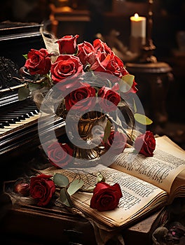 piano music script with rose