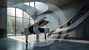 piano in a n empty classic room. Beautiful grand piano. Grand piano set on stage