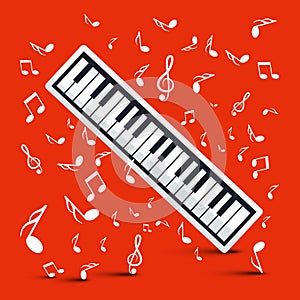 Piano with Notes on Red Background