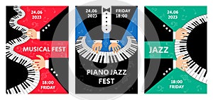 Piano performance. Jazz concert. Music posters. Keyboard and hands. Pop art player in tuxedo. Woman fingers play