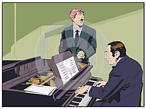 Piano player performing music. Emotional man sings song. Stock illustration