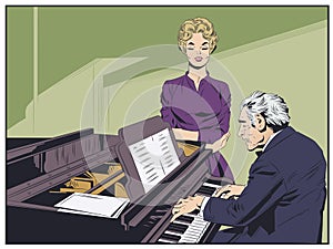 Piano player performing music. Singer getting ready to sing. Stock illustration