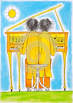 Piano players, Gemini, child's drawing, watercolor painting