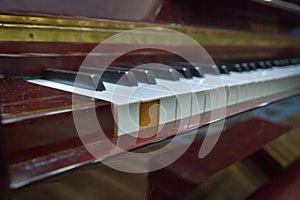 Piano presses . Piano keys close up. Musical instrument . Select focus and soft focus.Close-up of a wooden piano . Defocused