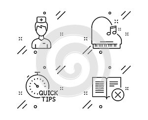 Piano, Quick tips and Doctor icons set. Reject book sign. Fortepiano, Helpful tricks, Medicine person. Vector
