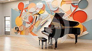 A piano in a room with colorful art on the wall