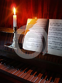 Piano and sheet music in the candle lighting