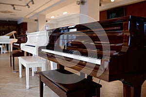 Piano shop background with many keyboards musical instrument display