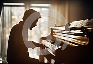 piano Silhouette man playing three-dimensional music shadow sunset pianist profile photogenic troubadour sitting minstrel musician