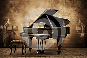 Piano sits on a dirty, sepia music background