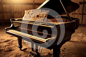 Piano sits on a dirty, sepia music background