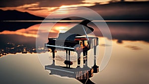 Piano sitting on a dock at the sunset. Generative AI. Beautiful scenery. Instrument