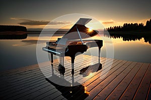 Piano sitting on a dock at the sunset. Generative AI. Beautiful scenery. Instrument