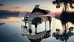 Piano sitting on a dock at the sunset. Generative AI. Beautiful scenery. Instrument