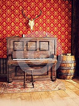 Piano and a stool in a Wild West saloon