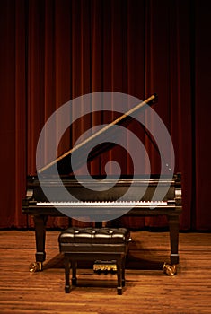 Piano, theatre and musical instrument for classic or jazz music ready for a concert or performance. Keys, curtain and