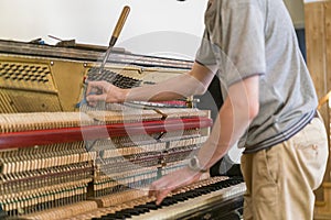 Piano tuning process. closeup of hand and tools of tuner working on grand piano. Detailed view of Upright Piano during a tuning