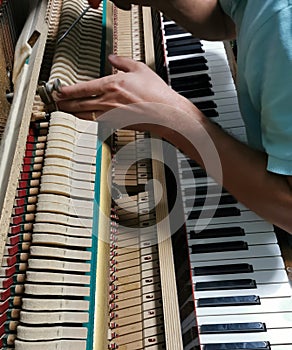 Piano tuning, repairing and cleaning the vintage piano