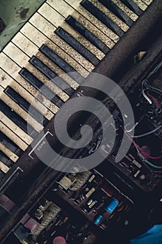 The piano vintage with electronic dilapidated in storage room