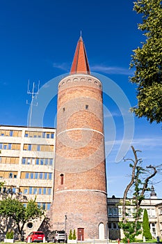 Piast Tower in Opole on blue sky and fragment of the Opole Voivodeship Office, Poland