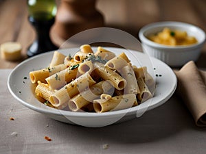 Piatto di deliziosi rigatoni alla carbonara, una ricetta tradizionale di pasta con salsa di uovo photo