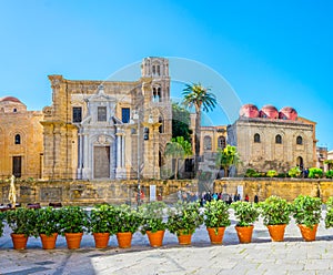 Piazza Bellini dominated by chiesa di san cataldo and chiesa santa maria dell ammiraglio in Palermo, Sicily, Italy