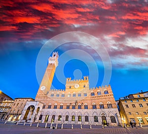 Piazza del Campo at sunset with Palazzo Pubblico, Siena, Italy