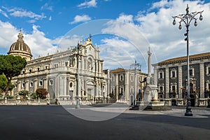 Piazza del Duomo with the Cathedral of Santa Agatha and the Elephant Sculpture Fountain - Catania, Sicily, Italy
