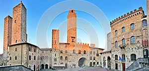 Piazza del Duomo in San Gimignano at sunset, Tuscany, Italy