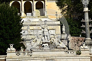 Piazza del Popolo with the Fontana della Dea di Roma, looking up at the Baclonata del Pincio in Rome, Italy