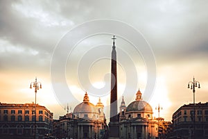 The Piazza del Popolo square with its twin churches in Rome Italy