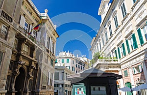 Piazza della Meridiana square in historical centre of city Genoa Genova, Liguria, Italy