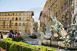 Piazza della Signoria in Florence, Italy at night. Fountain of Neptune